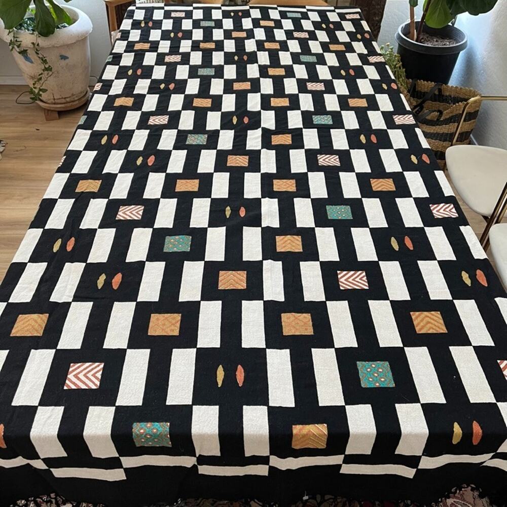 Sam Hilu Block Print Tablecloth Kuba-Inspired 69" x 99" Knotted Fringe Geometric